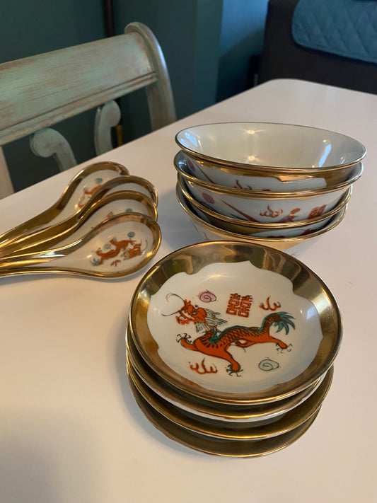 Antique Chinese Dragon & Phoenix (1960/70s) Soup Set with Spoons and Saucers