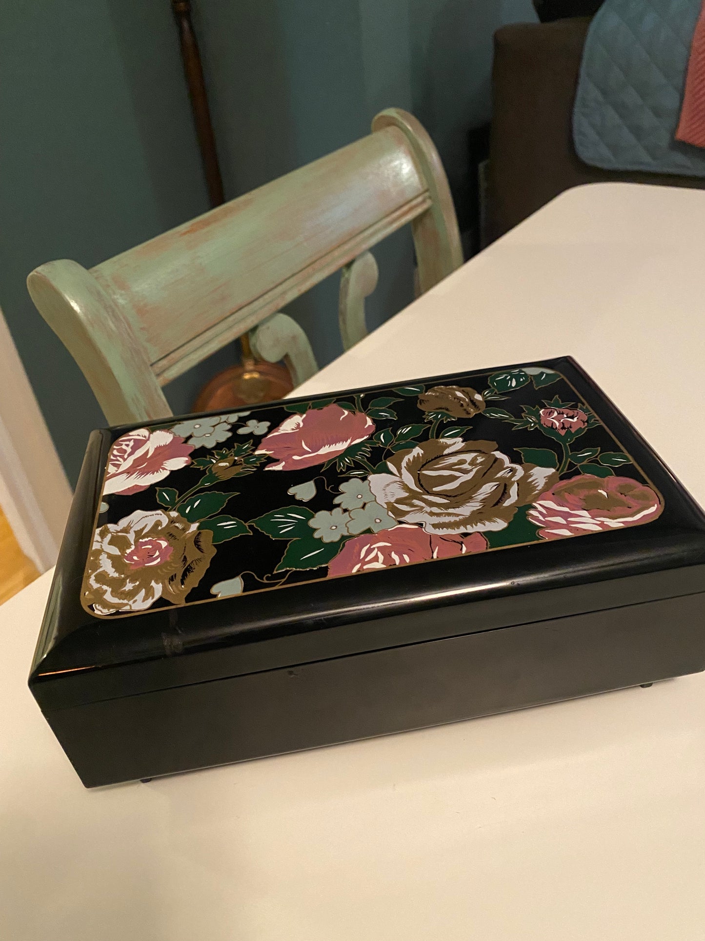 Vintage Black Lacquer Jewelry Box with Floral Design