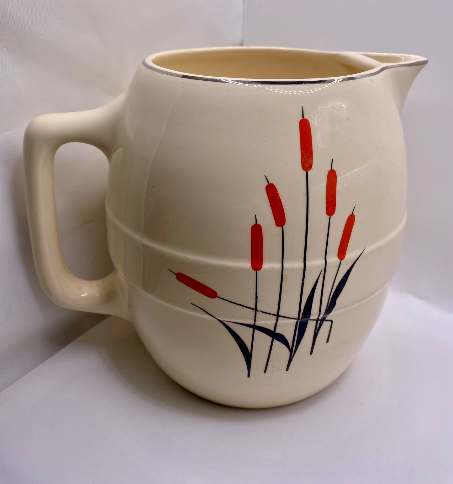 Vintage 1950s Red Cattails Ceramic Jug