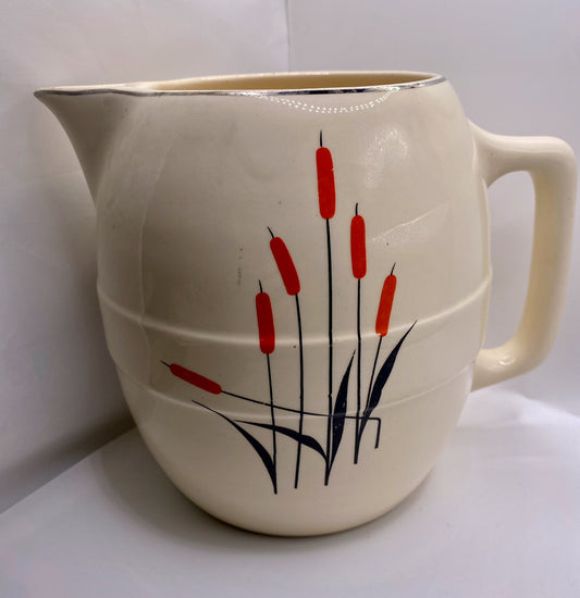 Vintage 1950s Red Cattails Ceramic Jug